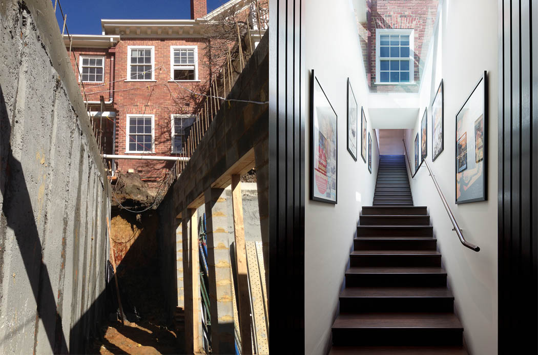 Equivalent images during construction and at completion, showing stair link between new basement and existing house