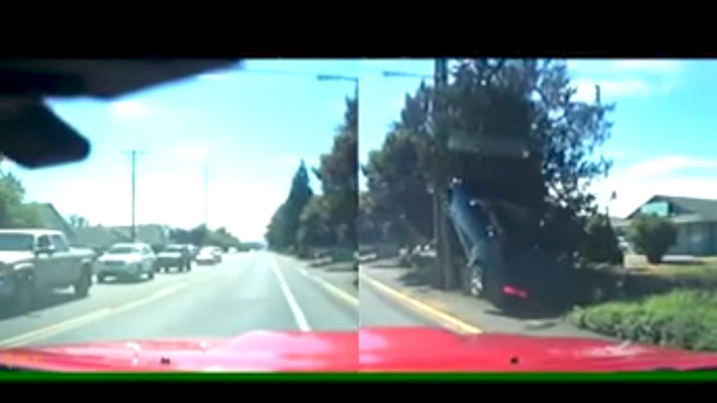 Camaro Drives Crazy, Brake Checks A lot, Then Crashes Up A Telephone Pole