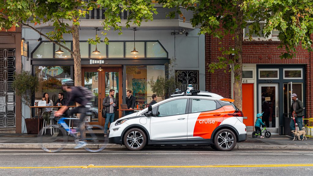 Press photo of the GM's Chevy Cruise as part of its robotaxi fleet in San Frnacisco