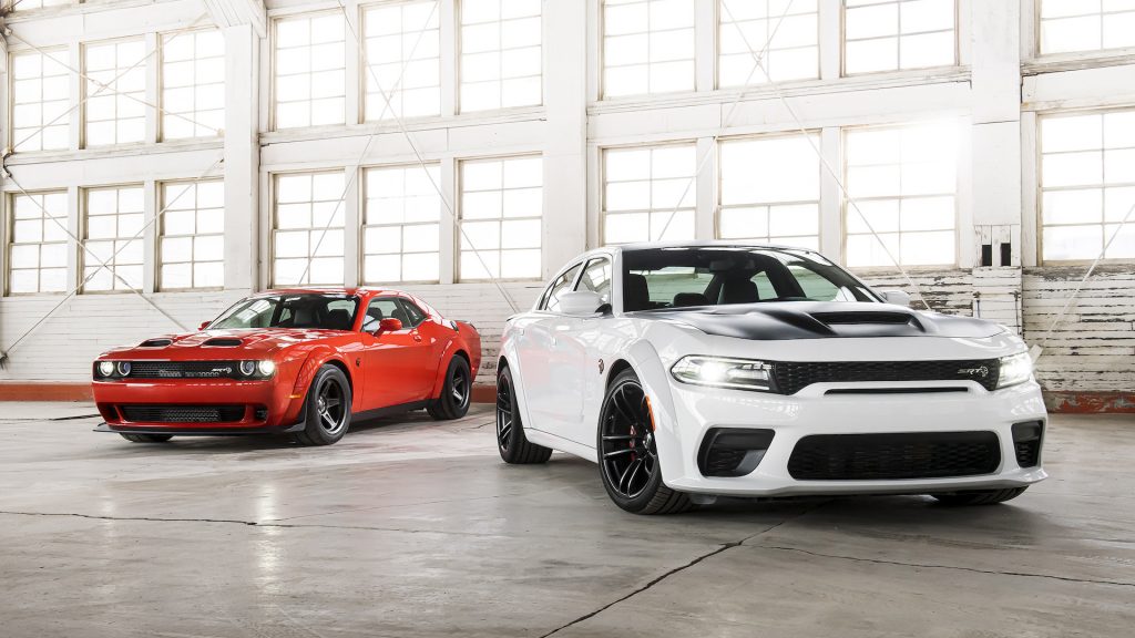 Dodge Muscle Cars: 2022 Dodge Challenger SRT Super Stock (left) and 2022 Dodge Charger SRT Hellcat (right). Both models have been reported to be the most stolen vehicles in the U.S.