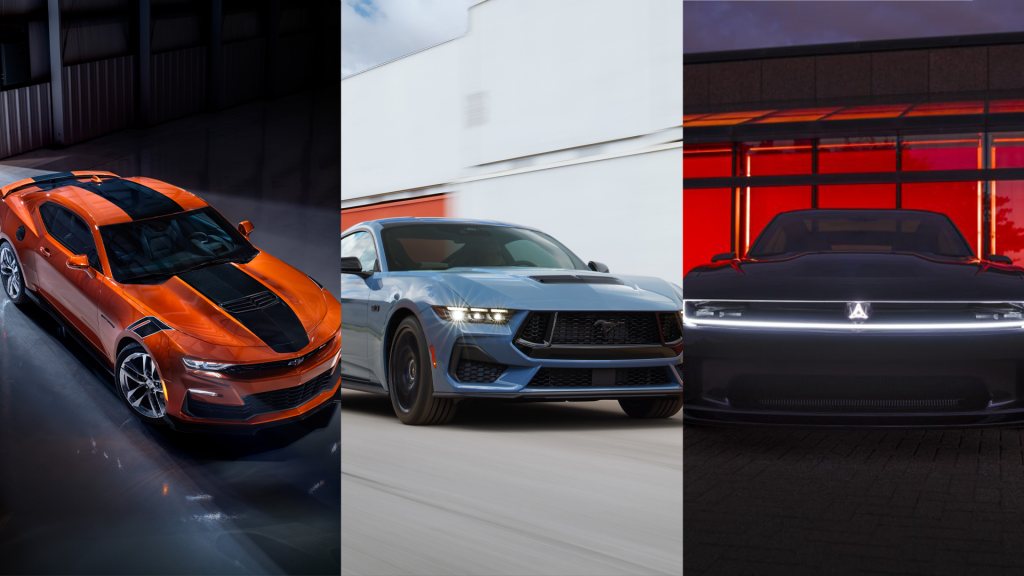 Muscle Cars of today and tomorrow: the 2023 Chevy Camaro SS (left), 2024 Ford Mustang (center), 2024 Dodge Charger Daytona SRT EV Concept (right)