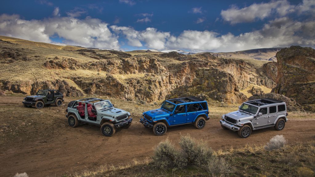 (Left to right) New 2024 Jeep Wrangler Willys, Wrangler Rubicon 392, Wrangler Rubicon X 4xe and Wrangler High Altitude 4xe