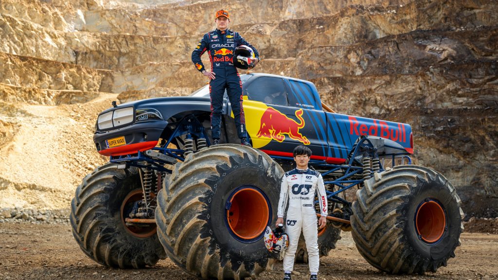 Formula 1 racers Max Verstappen of the Netherlands and Yuki Tsunoda of Japan seen during the Red Bull Unserious Race Series at the Erzberg in Eisenerz, Austria on June 13, 2023. 