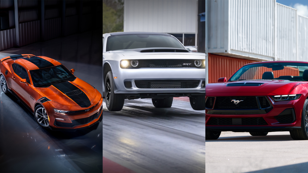 Popular muscle cars: Chevrolet Camaro, Dodge Challenger, and Ford Mustang