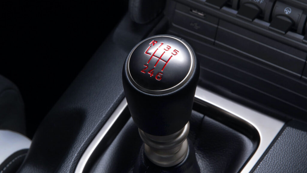 Close-up on the stick shift manual transmission on the Ford Mustang Shelby GT350R
