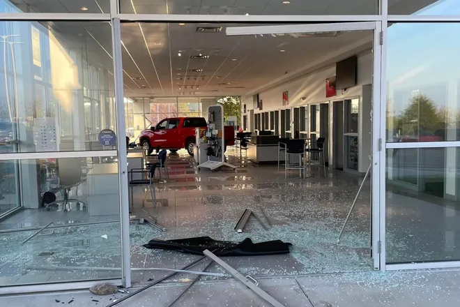 Smashed glass of dealership. Photo credit to Renn Kirby Chevrolet