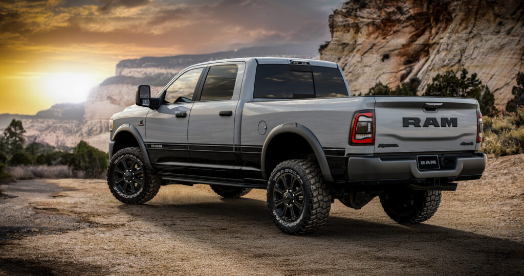 The Power Wagon Lunar Edition rolls on 17-inch black wheels, while the Rebel HD Lunar Edition is equipped with 20-inch black wheels.