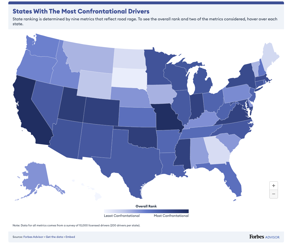 According to Forbes, these are the states with the most confrontational drivers with the dark blue indicating the most aggressive. 