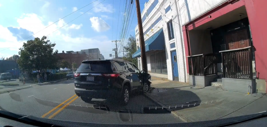 Result of the swerve and crash into pole, caught on police dash cam. 